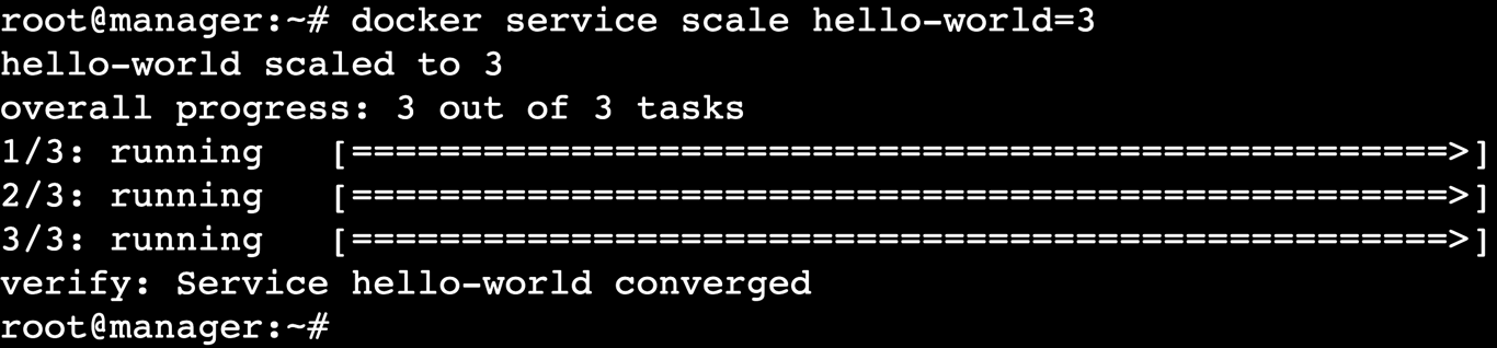 A terminal output showing the process of replicating the hello-world service