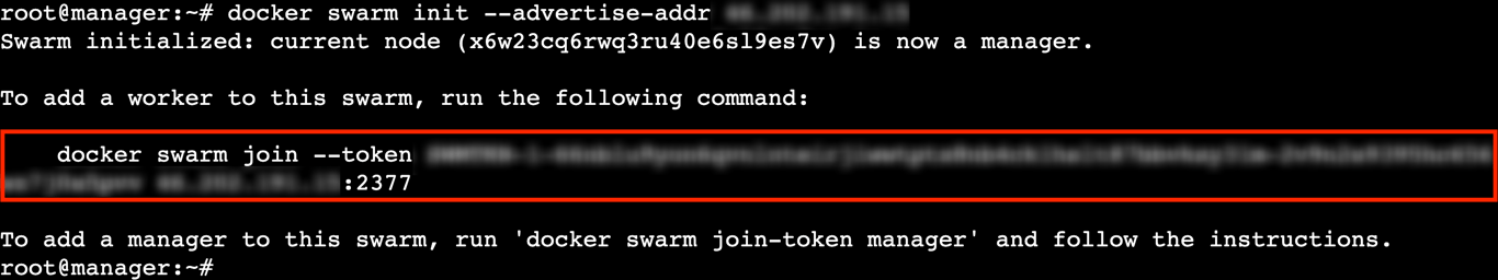 A terminal output showing the generated Docker swarm join command