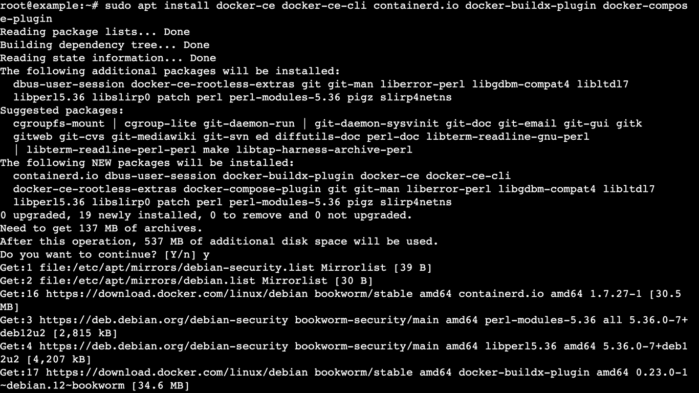 A terminal output showing the process of installing Docker and all its components