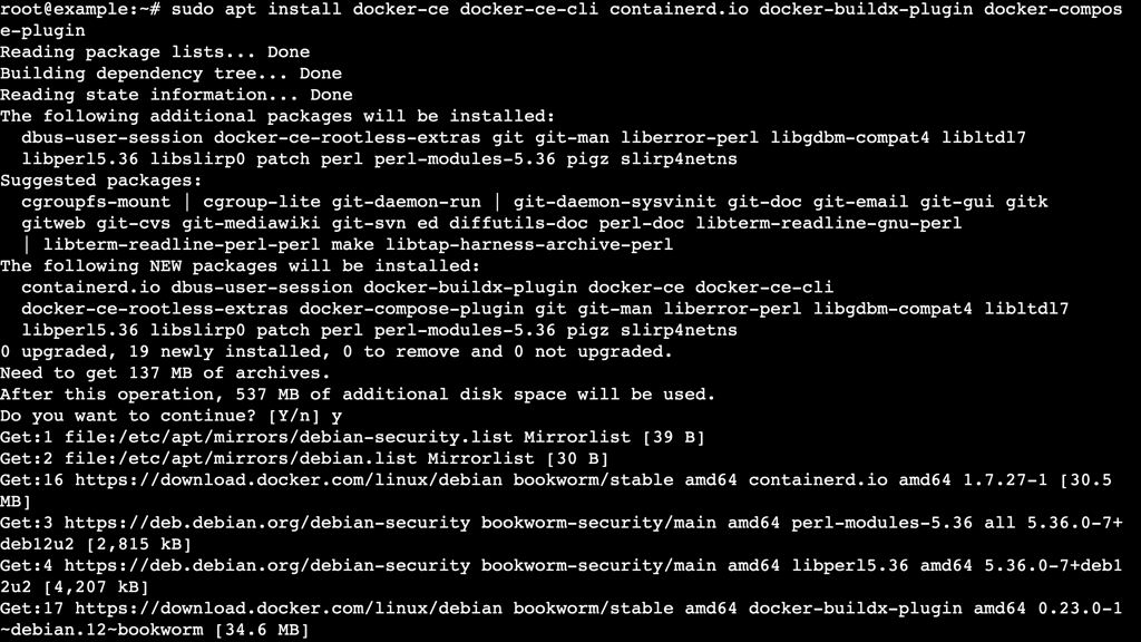 A terminal output showing the process of installing Docker and all its components