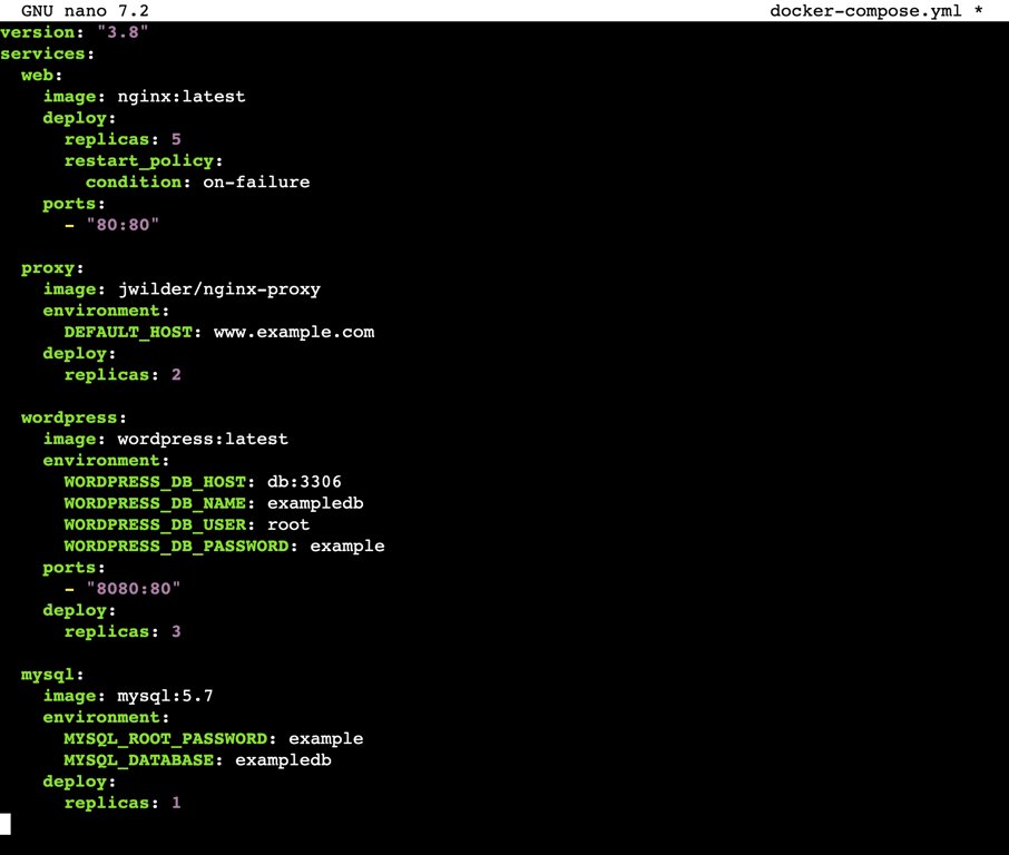 A nano editor output showing the updated docker-compose-yml file's content