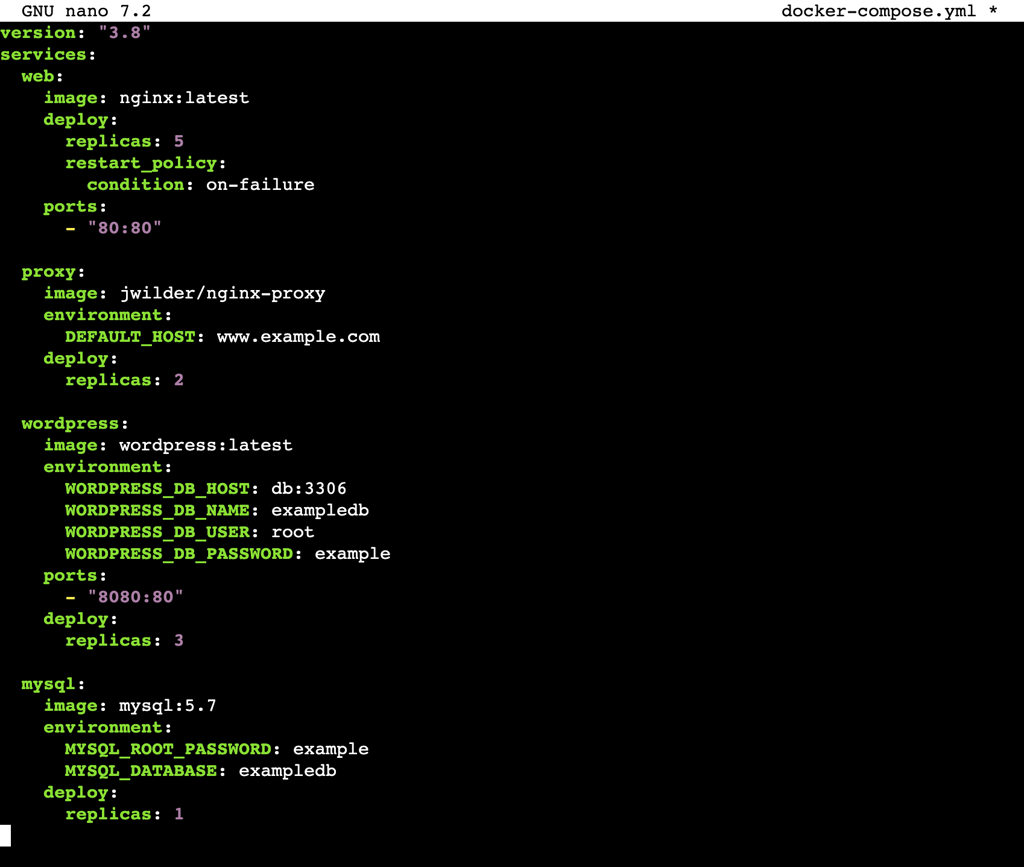 A nano editor output showing the updated docker-compose-yml file's content
