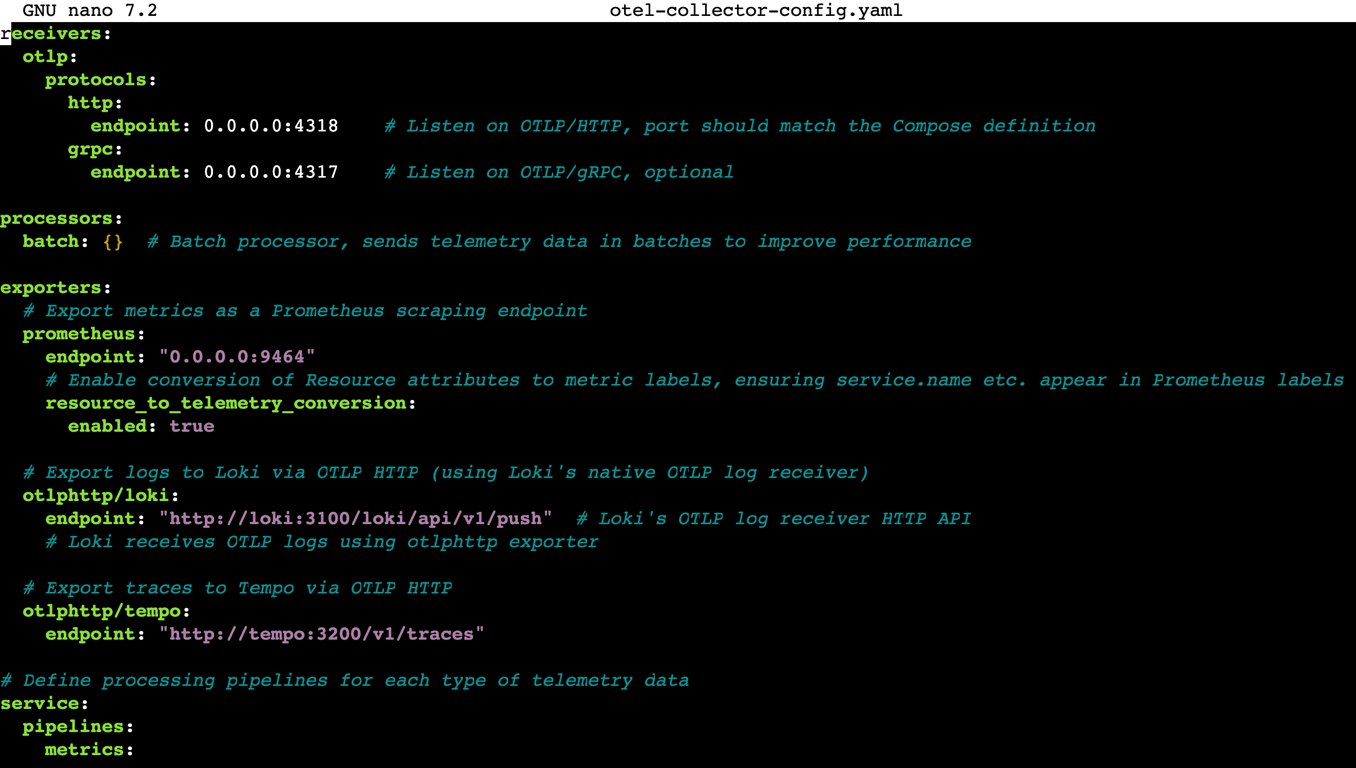 The OpenTelemetry Collector configuration file's content