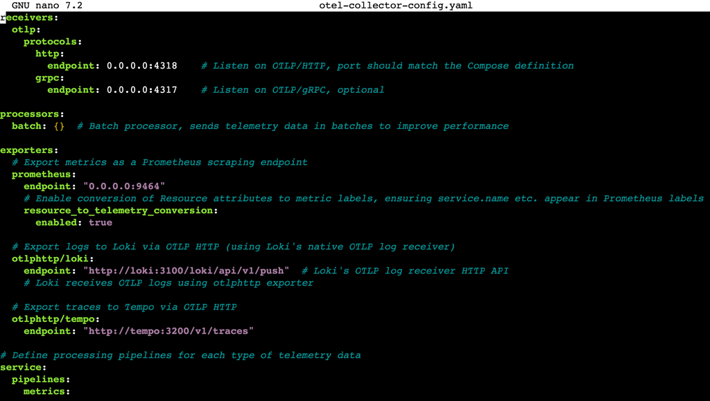 The OpenTelemetry Collector configuration file's content