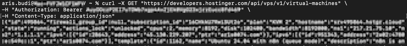 Terminal outputs information about Hostinger hosting account via API