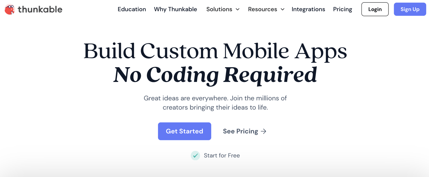 Homepage of Thunkable