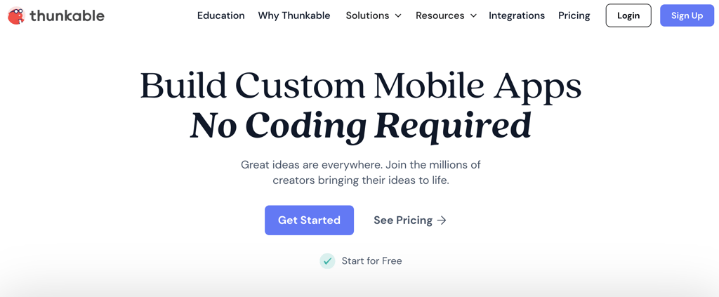 Homepage of Thunkable