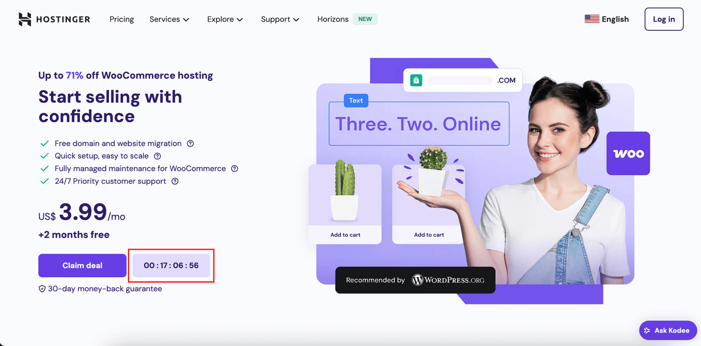 A countdown timer example on Hostinger's WooCommerce hosting page