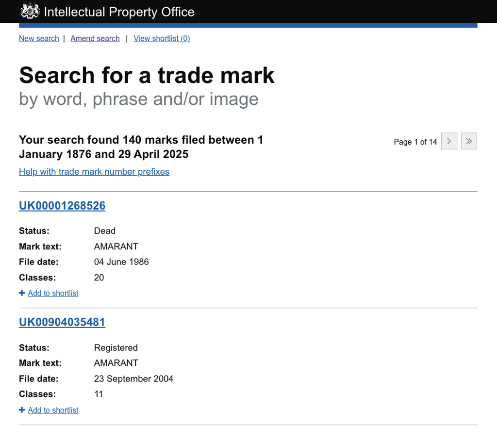 UK Intellectual Property Office, showing search results for a business name
