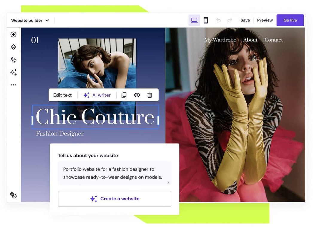 Portfolio website builder interface showing a fashion designer&rsquo;s portfolio titled "Chic Couture," with model images, text editing tools, and an AI writer option