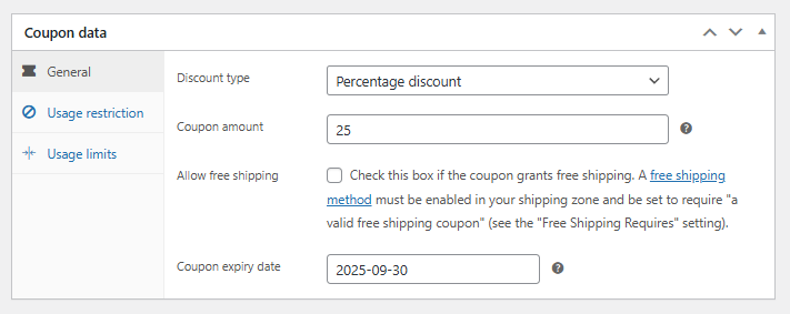 The general settings of a WooCommerce coupon code
