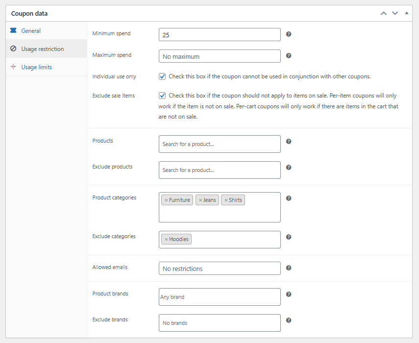 The usage restrictions of a WooCommerce coupon code
