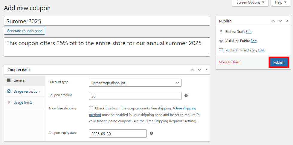 The WooCommerce coupon creator with the Publish button highlighted

