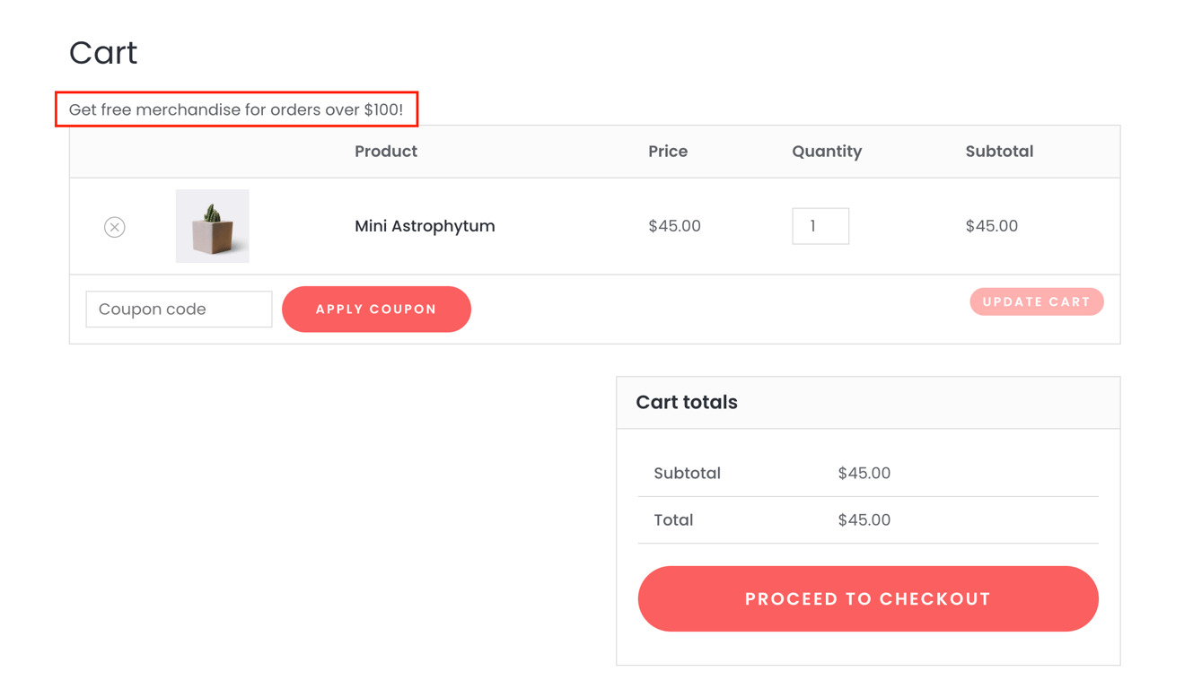 Custom message on the Cart page created with WooCommerce hooks