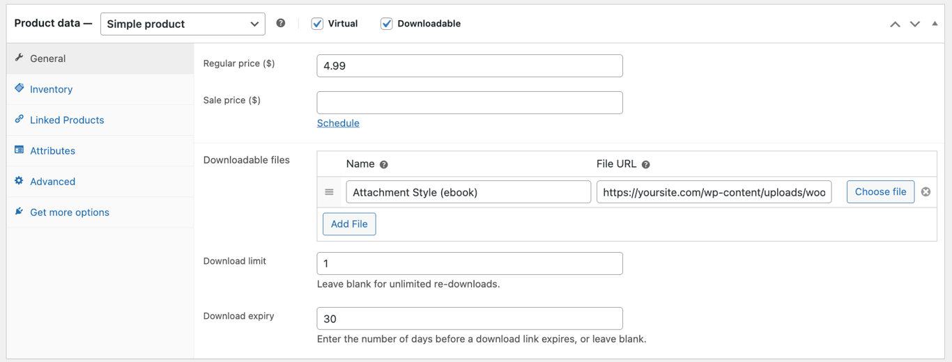 The downloadable product upload section in WooCommerce