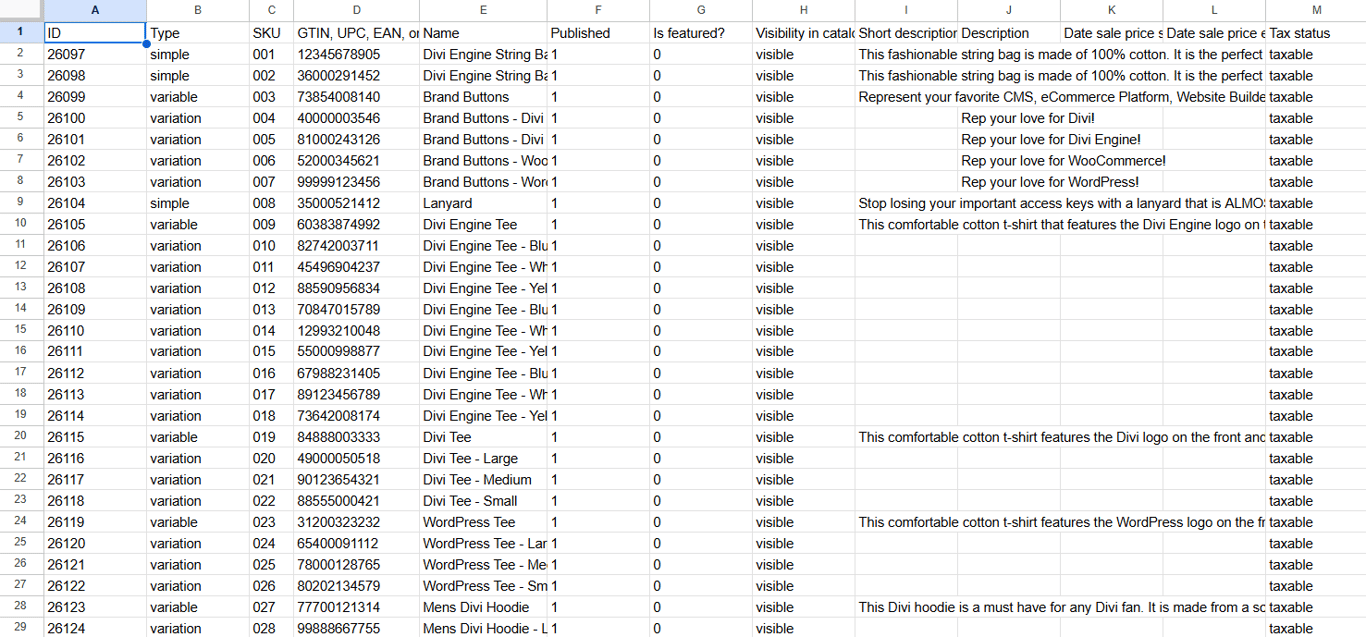 A sample export file from WooCommerce's native exporter tool
