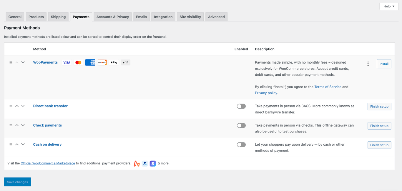 WooCommerce's payment settings interface