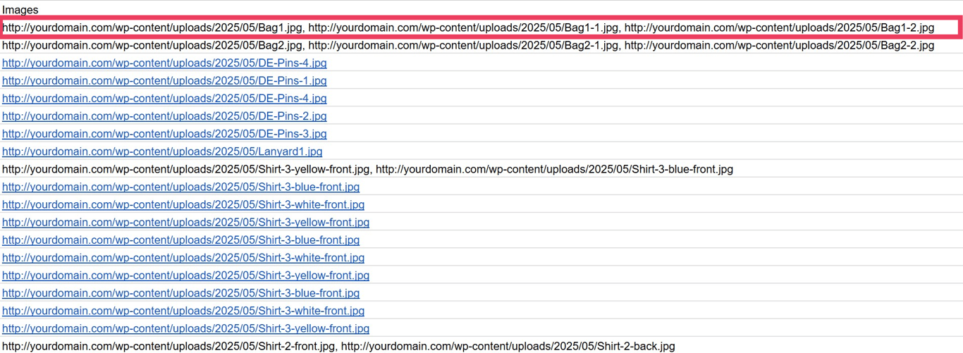 A WooCommerce product CSV showing multiple images listed in the Images field