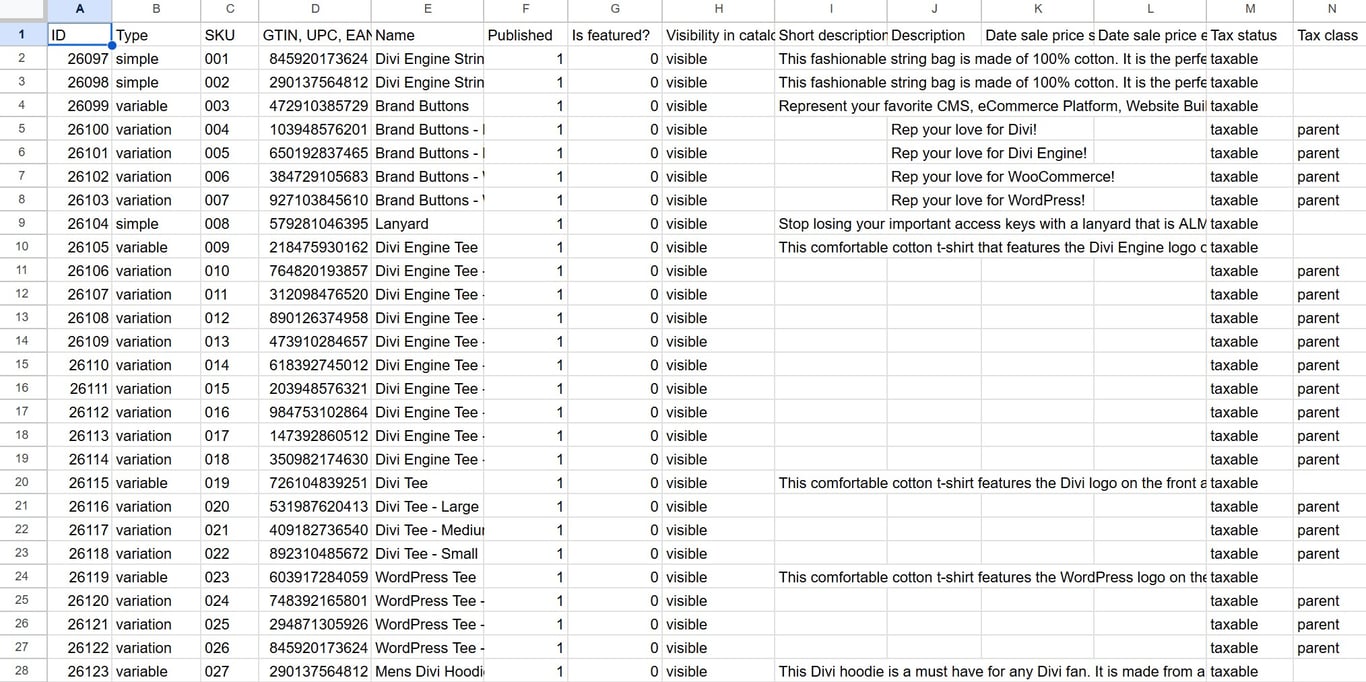 Sample of a WooCommerce product feed
