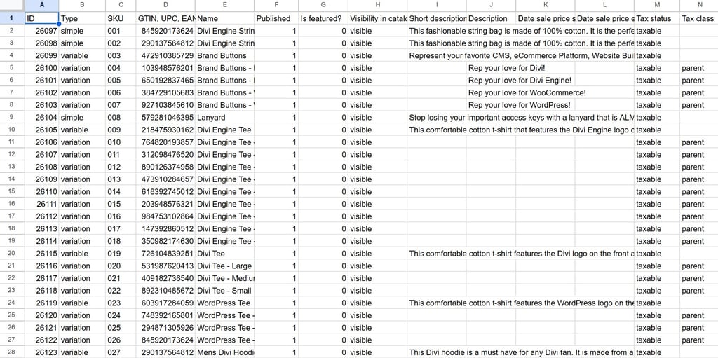 Sample of a WooCommerce product feed