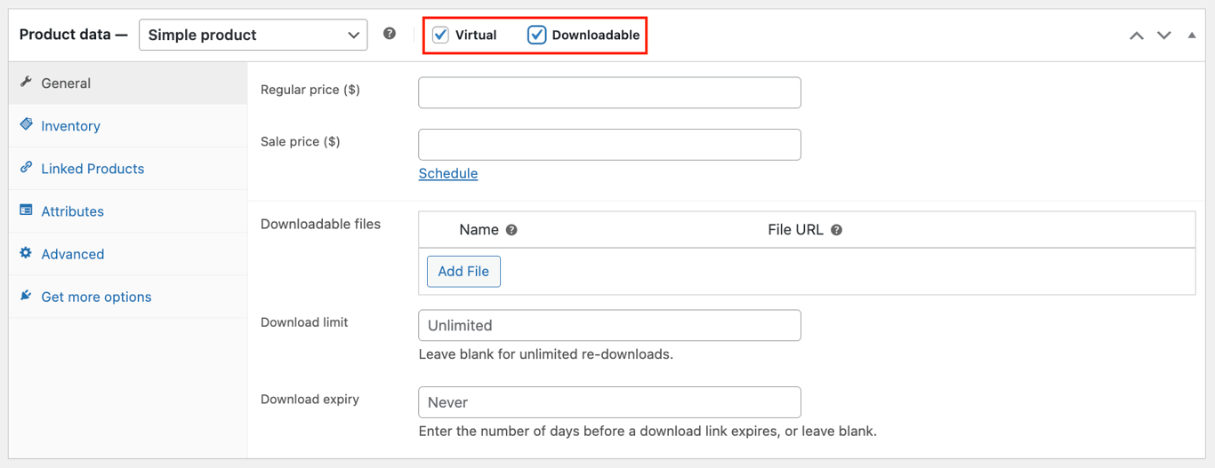 The Virtual and Downloadable options on WooCommerce simple product type highlighted