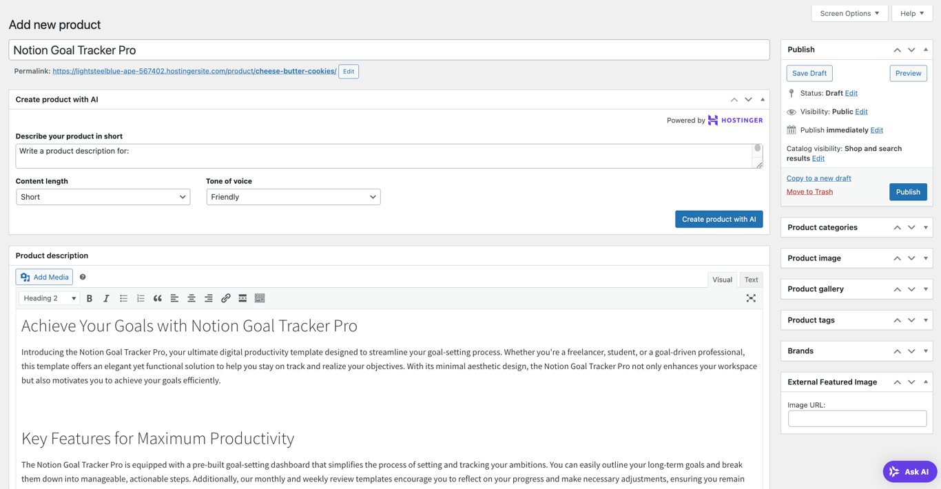 WooCommerce's product details editor interface