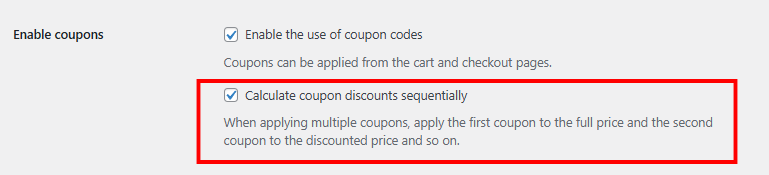 WooCommerce settings with the "calculate coupon discounts sequentially" checkbox highlighted
