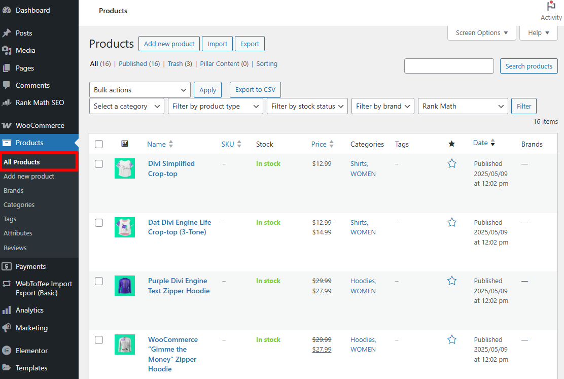 WordPress dashboard showing where to find the All Products link