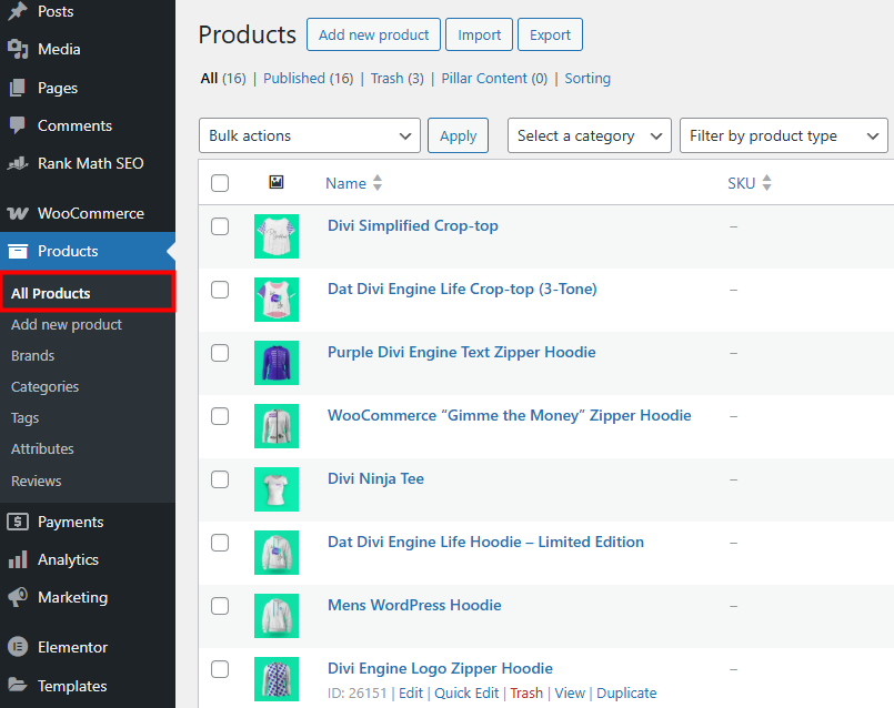 WordPress dashboard, showing the All Products menu link.