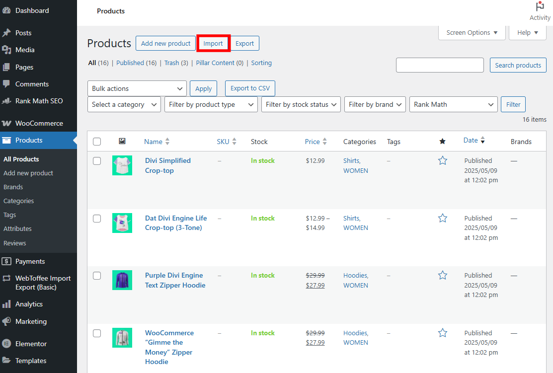 WordPress dashboard showing the list of WooCommerce products and the Import button