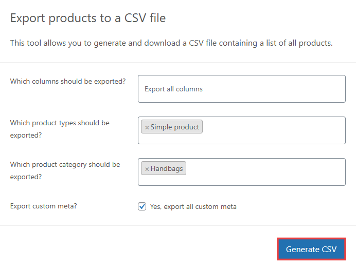 WooCommerce export file configuration form with sample selections