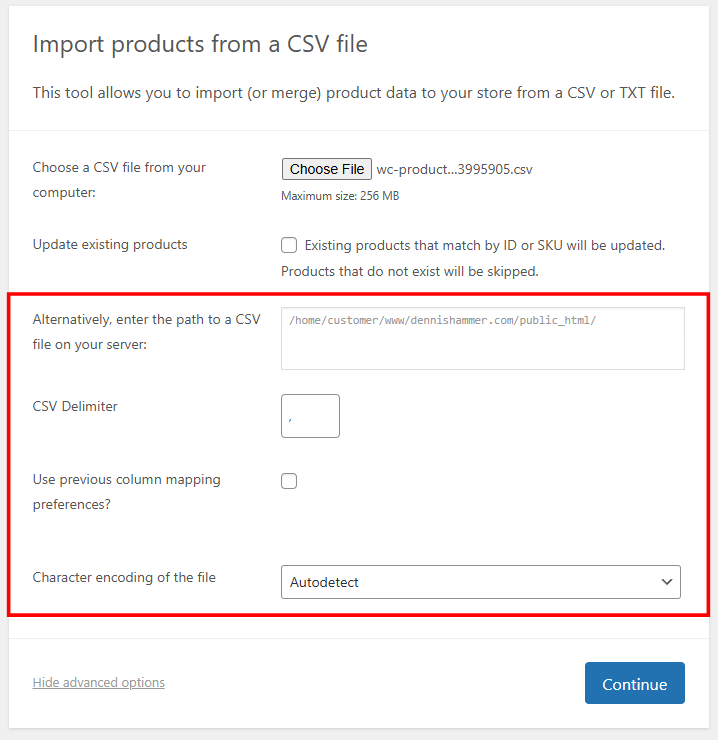 WooCommerce import tool's advanced options