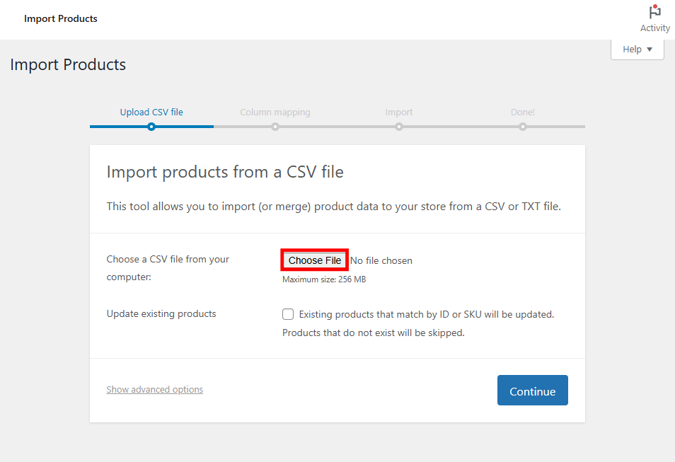 WooCommerce import tool showing where to choose your CSV file
