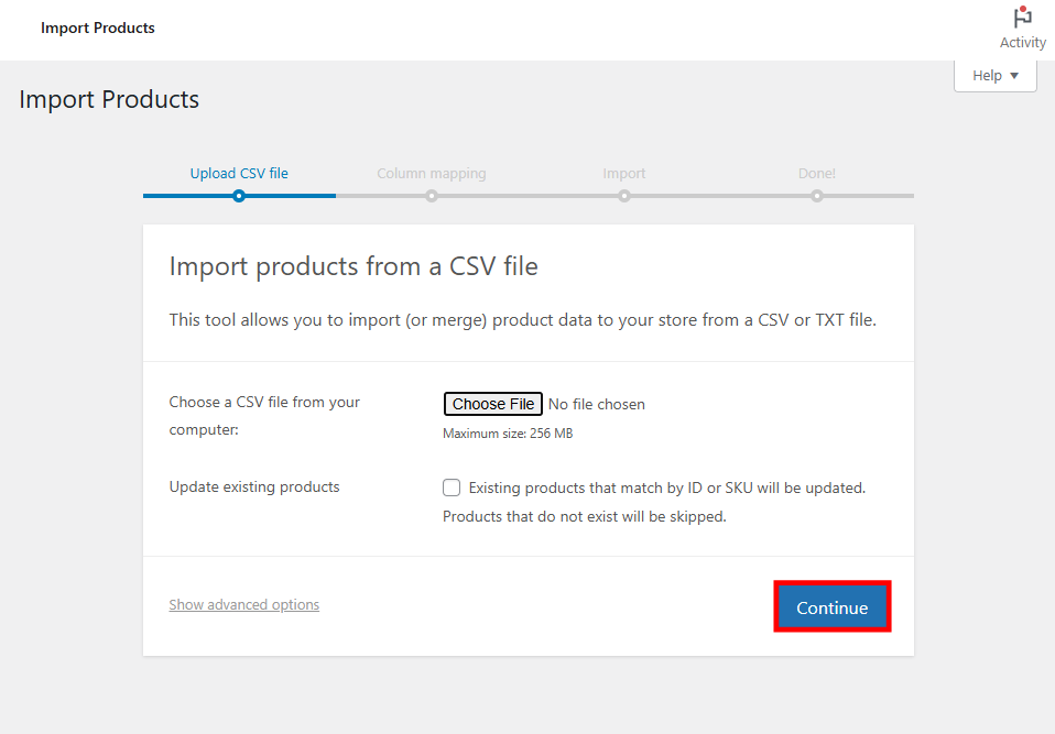 WooCommerce import tool's "continue" button after choosing a CSV file