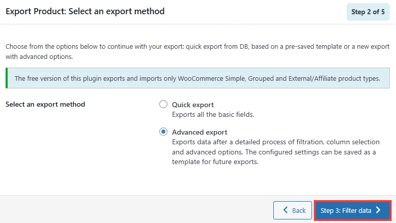 Step 2 of Product Import Export process (advanced export): Select an export method