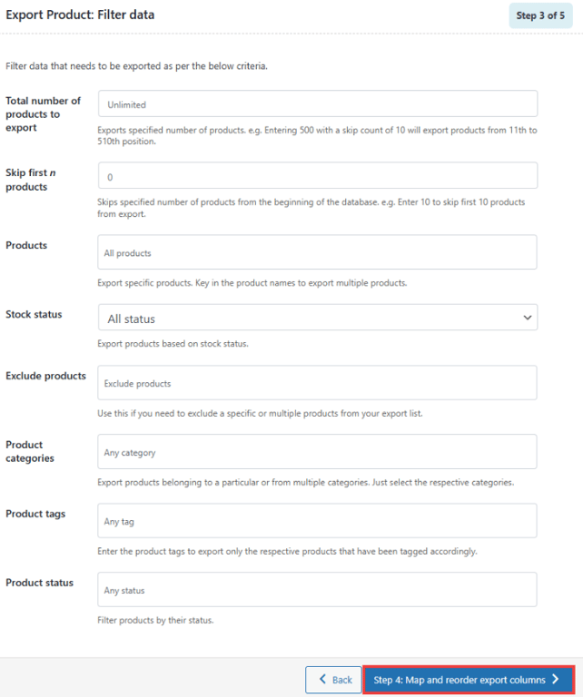 Step 3 of Product Import Export process (advanced export): Filter data