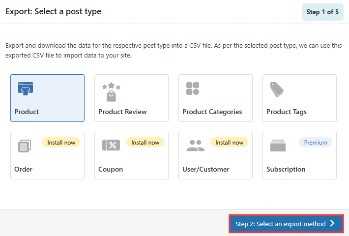 Step 1 of Product Import Export process (quick export): select a post type