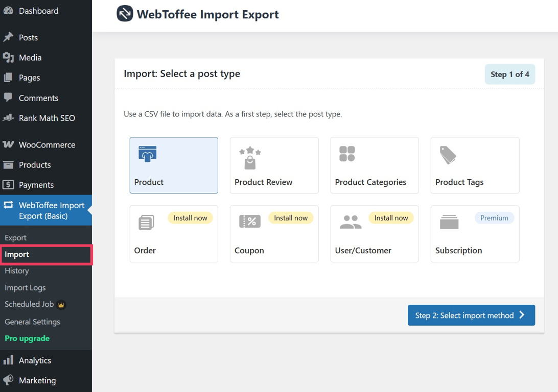 WordPress dashboard showing link to the Product Import Export plugin's import link