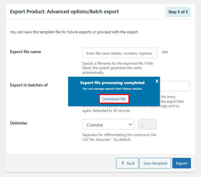 Product Import Export processing complete message and download button