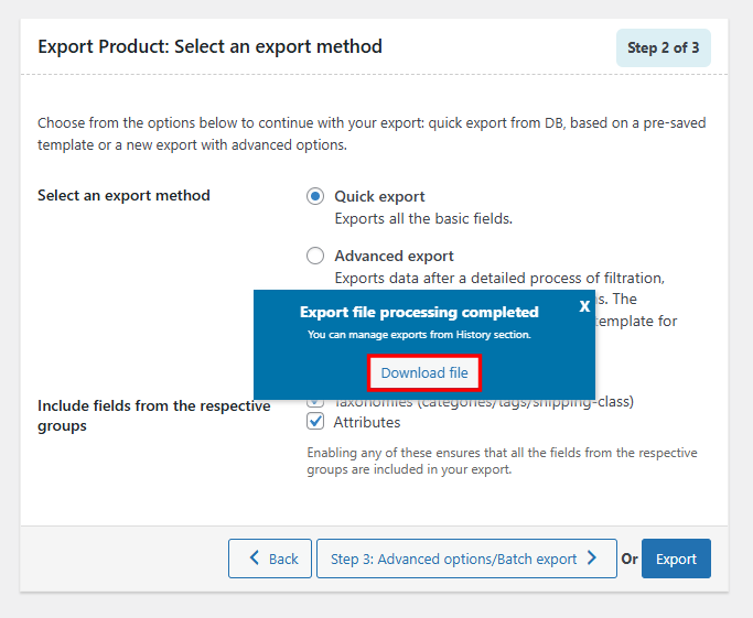 Product Import Export processing complete message and download button