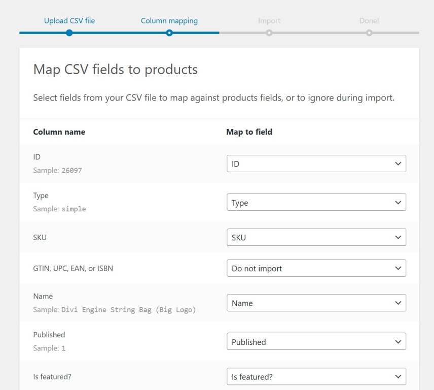 WooCommerce import tool screen where you map fields to columns in your CSV