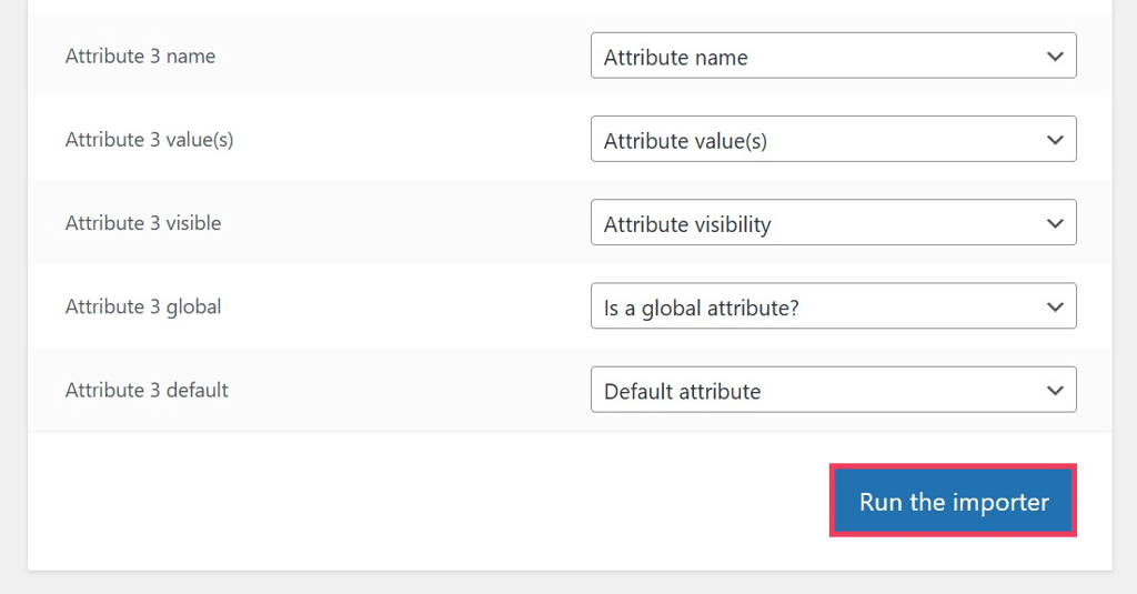 WooCommerce import tool's "Run the importer" button