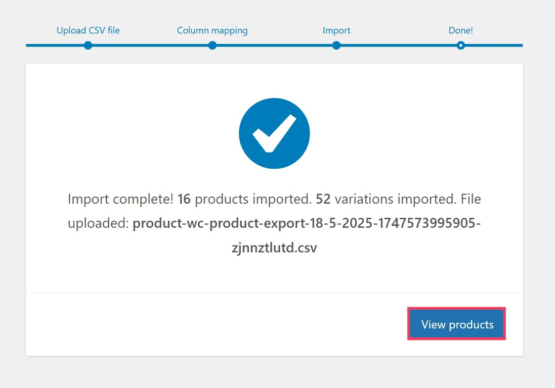 Completion screen after a successful WooCommerce import