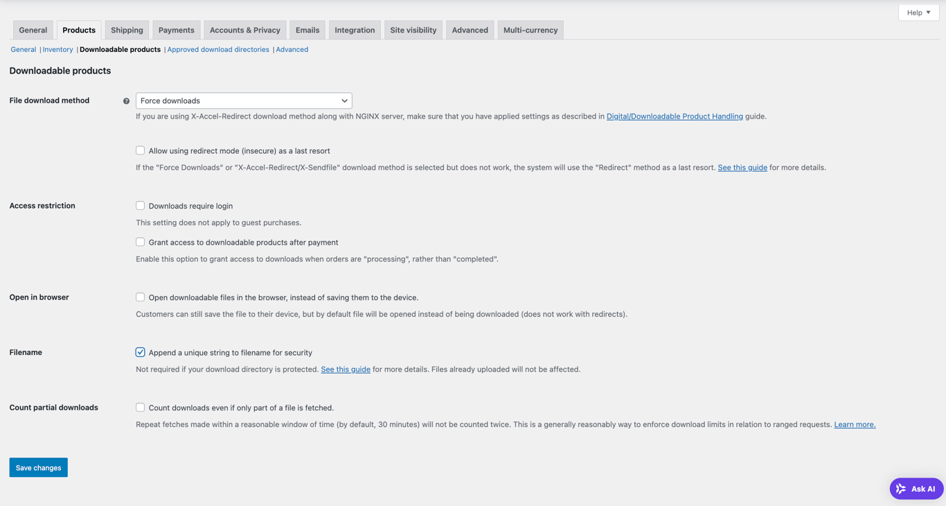 The Downloadable product settings in WooCommerce