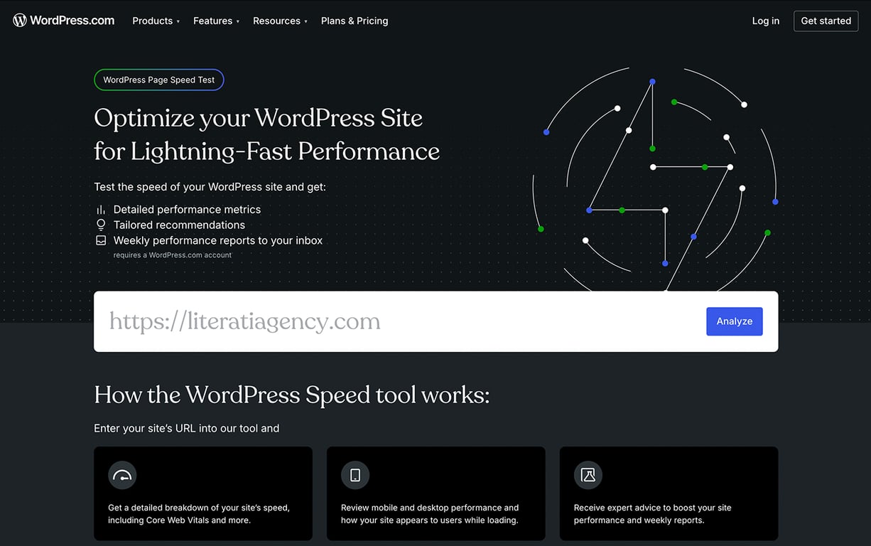 WordPress speed test tool page with a URL input box and steps explaining how the tool works