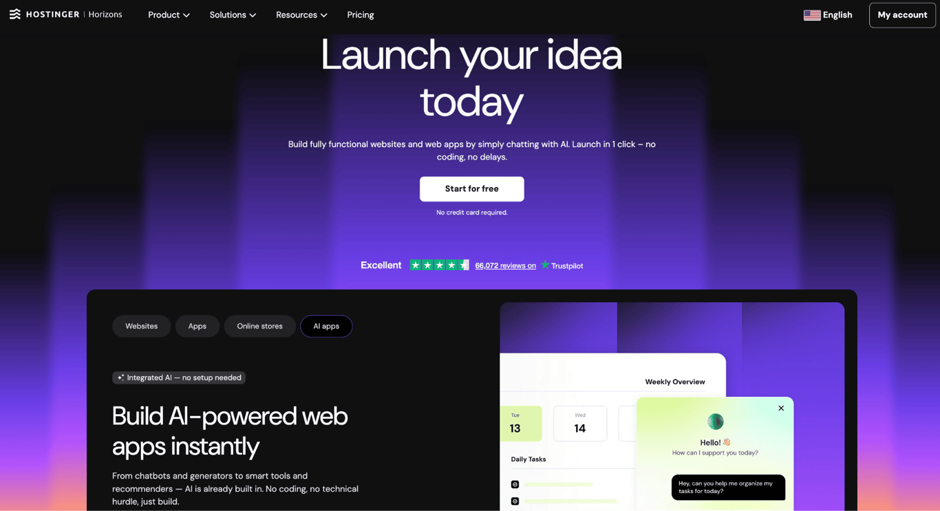 Homepage of Hostinger Horizons