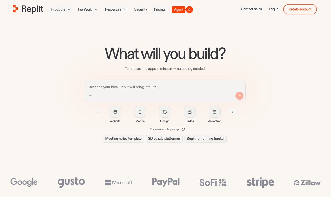 Homepage of Replit