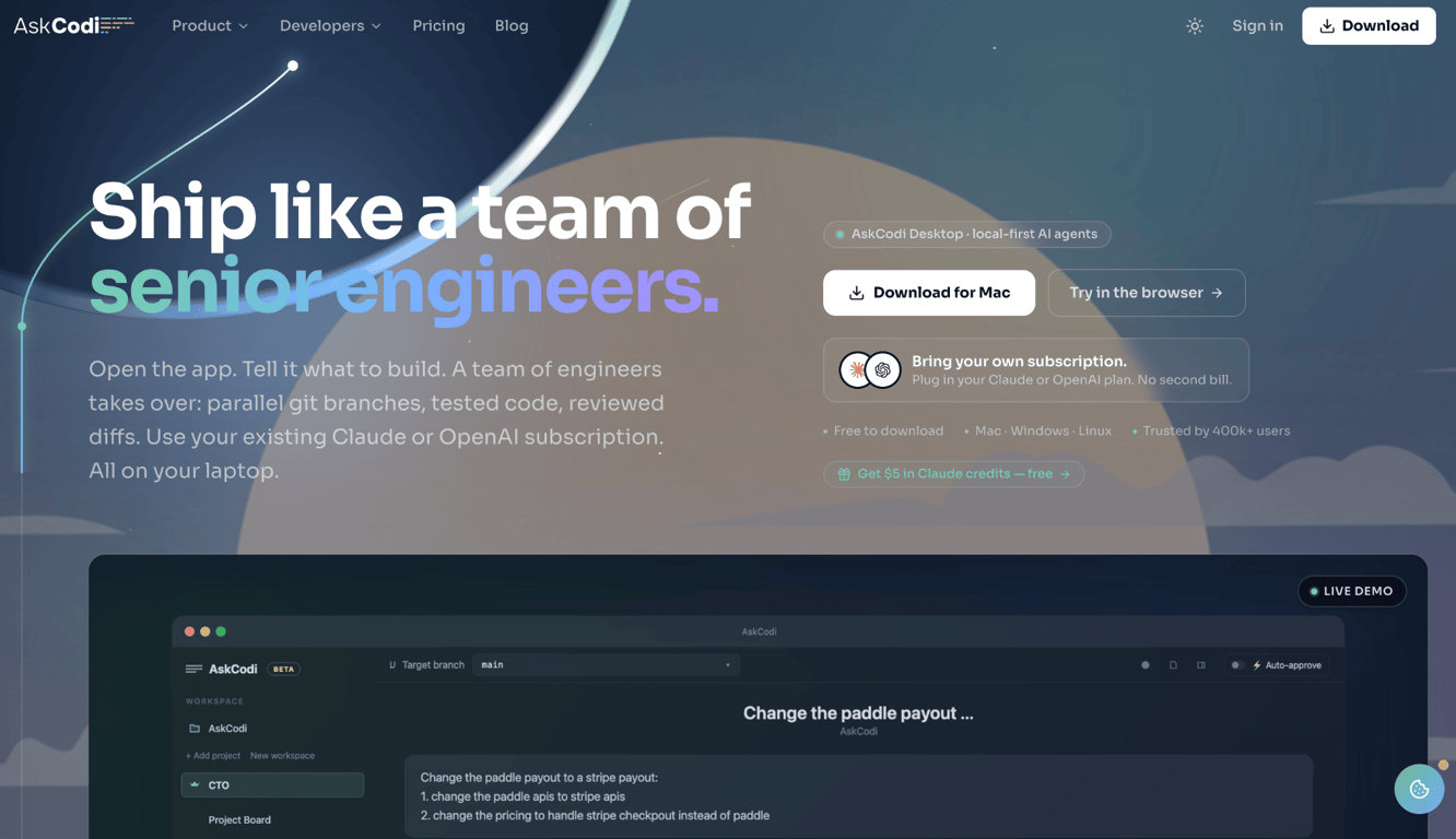 Homepage of AskCodi