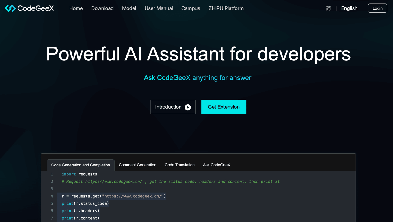Homepage of CodeGeeX