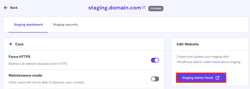 Creating a staging site in Hostinger dashboard - Staging Admin Panel